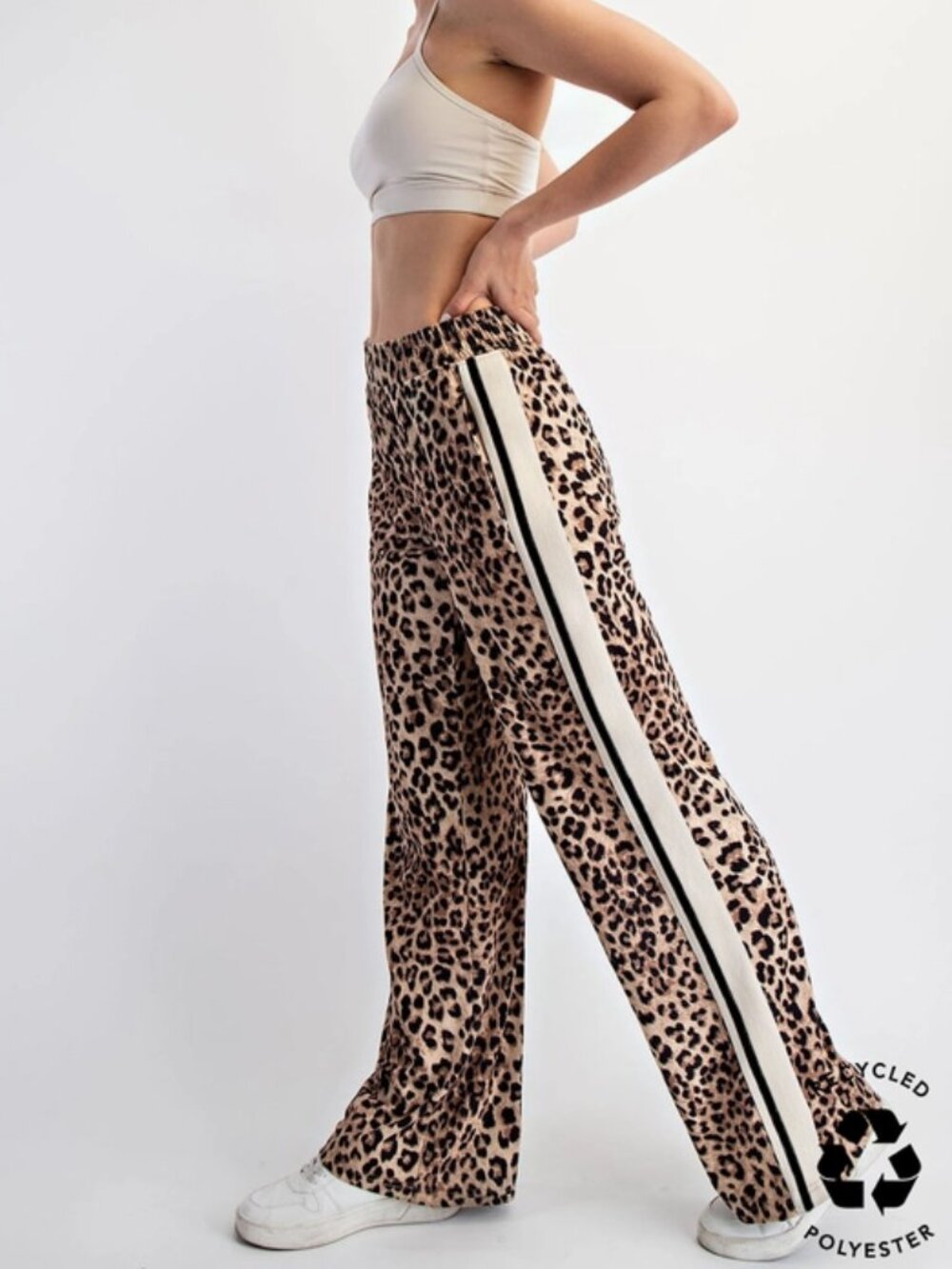 Leopard Print Track Pants with Contrast Side Stripe - Beige